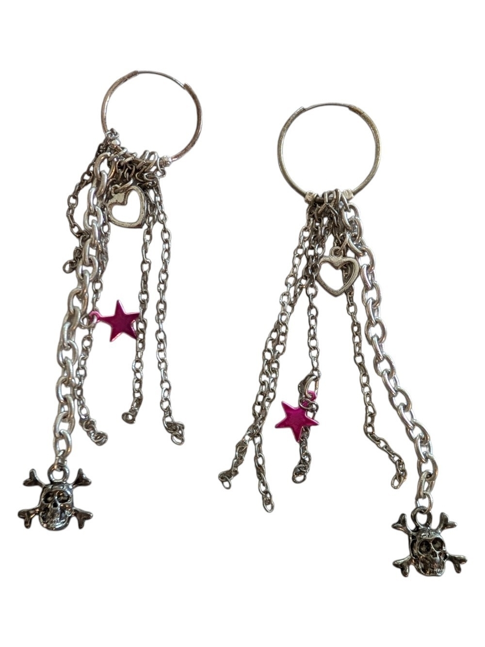 Silver Chain Dangle Earrings with Pink Star & Skull Charms